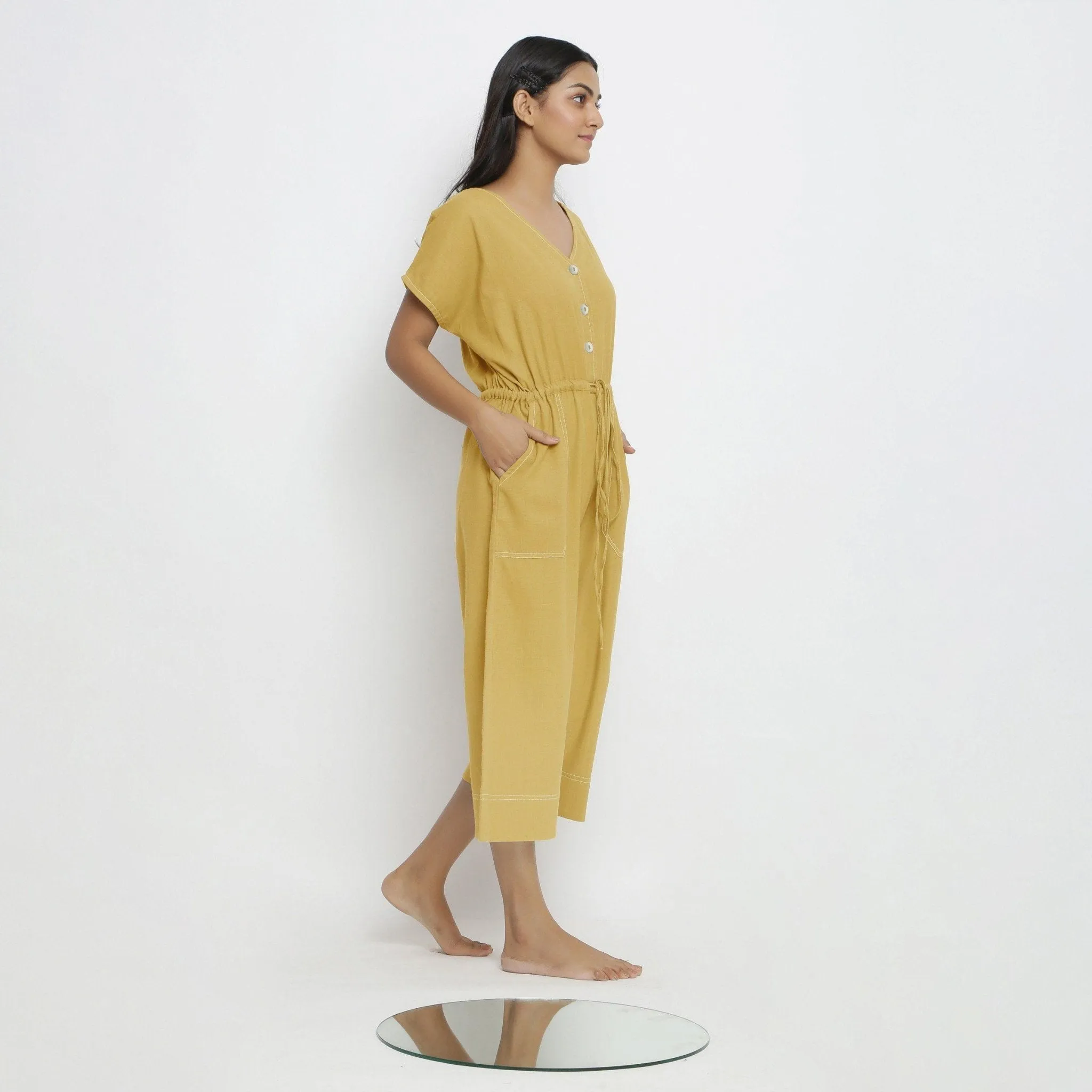 Light Yellow 100% Cotton Button-Down Jumpsuit