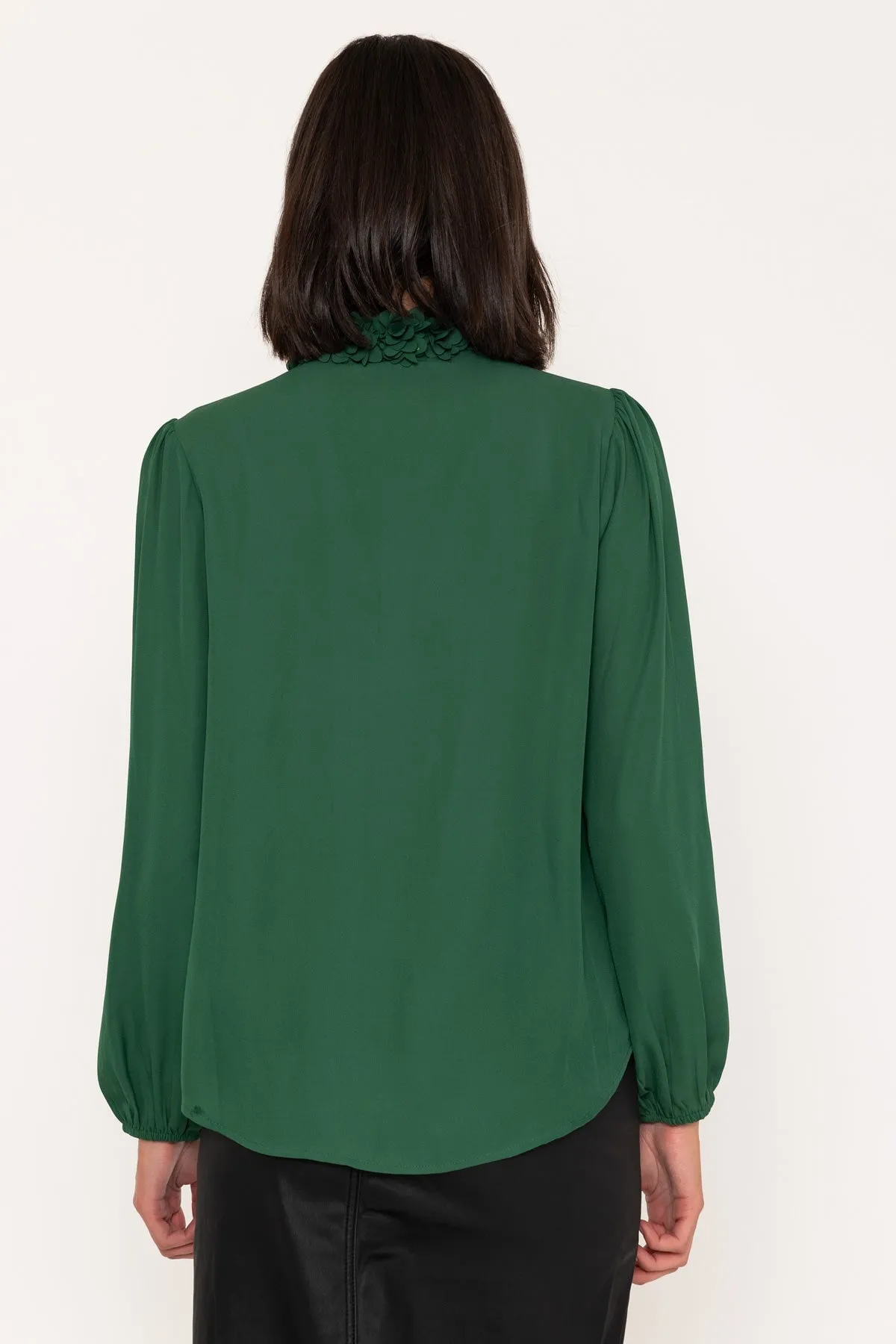 Long Sleeve Flower Ruffle Detail Blouse in Green