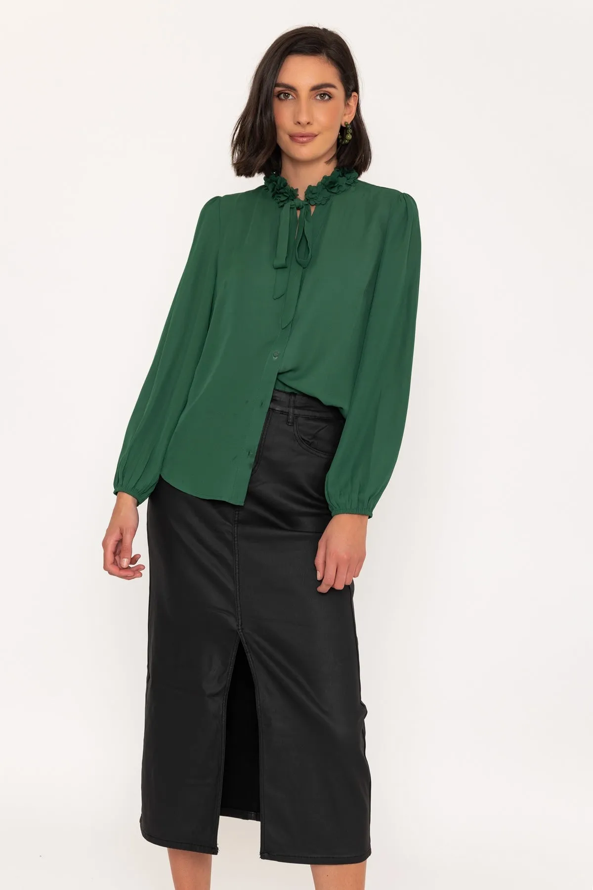 Long Sleeve Flower Ruffle Detail Blouse in Green