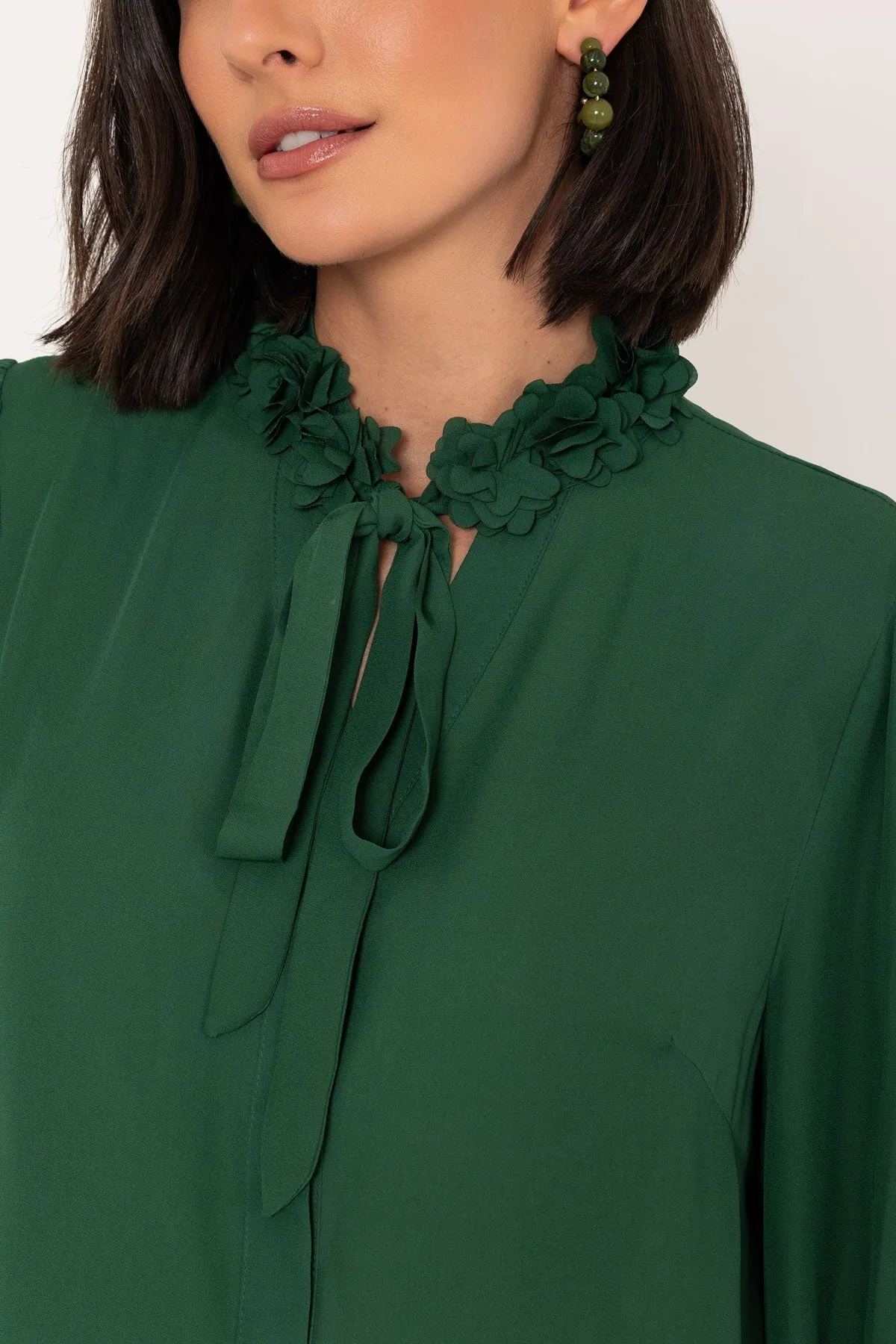 Long Sleeve Flower Ruffle Detail Blouse in Green