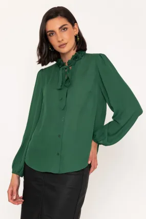 Long Sleeve Flower Ruffle Detail Blouse in Green