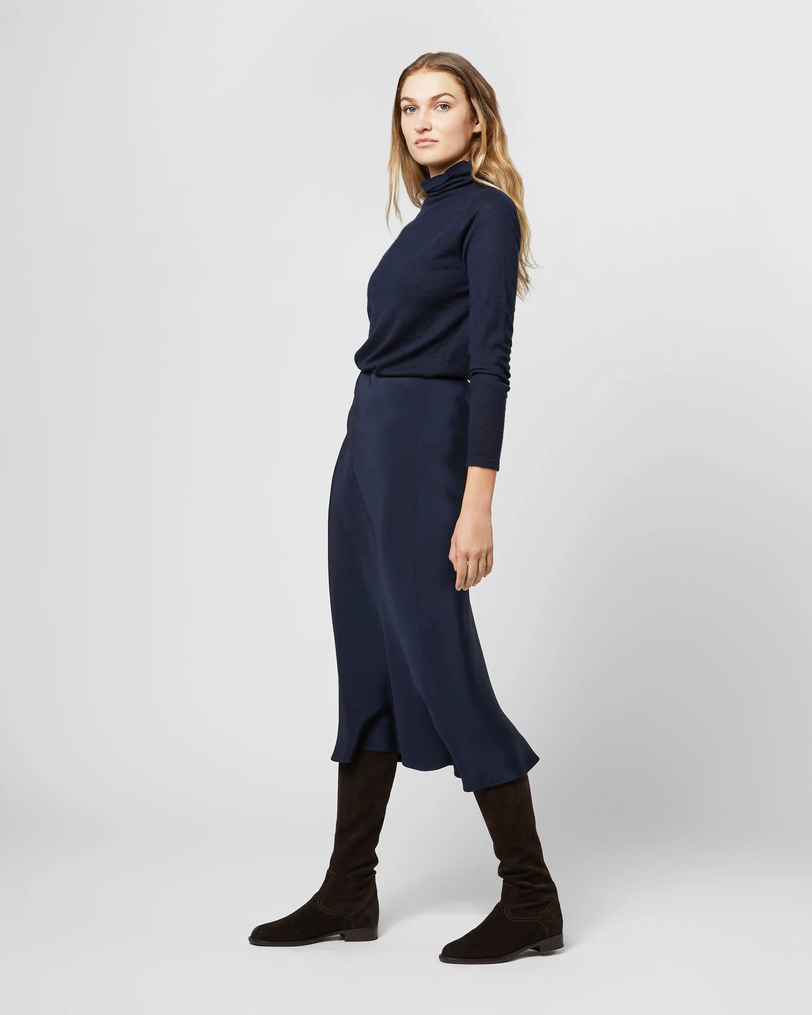 Mare Slip Skirt in Navy Silk Crepe de Chine