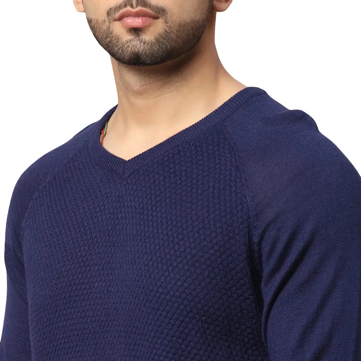 Men Blue Regular Fit Solid Acrylic Blend Full Sleeve V Neck Collar Sweaters