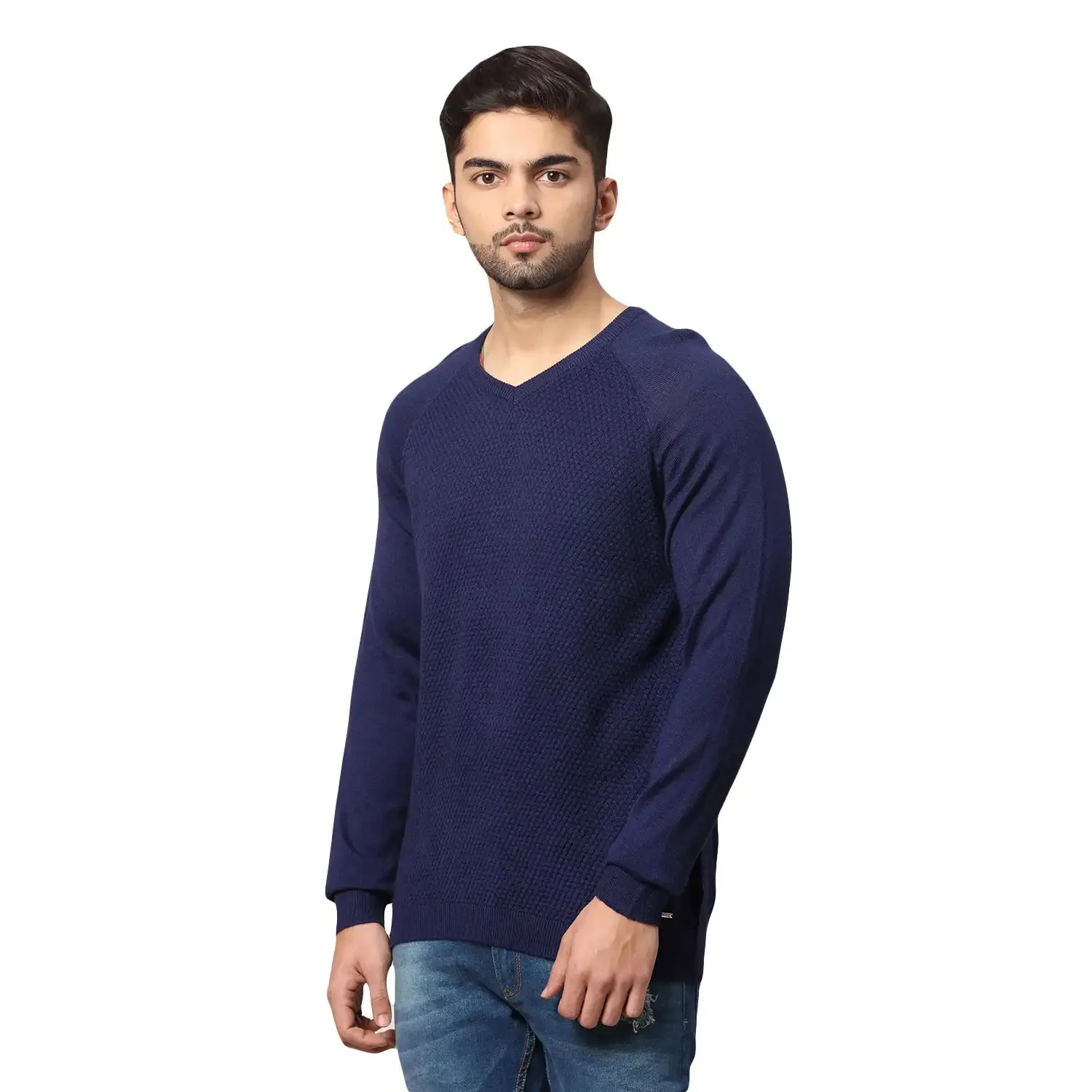 Men Blue Regular Fit Solid Acrylic Blend Full Sleeve V Neck Collar Sweaters