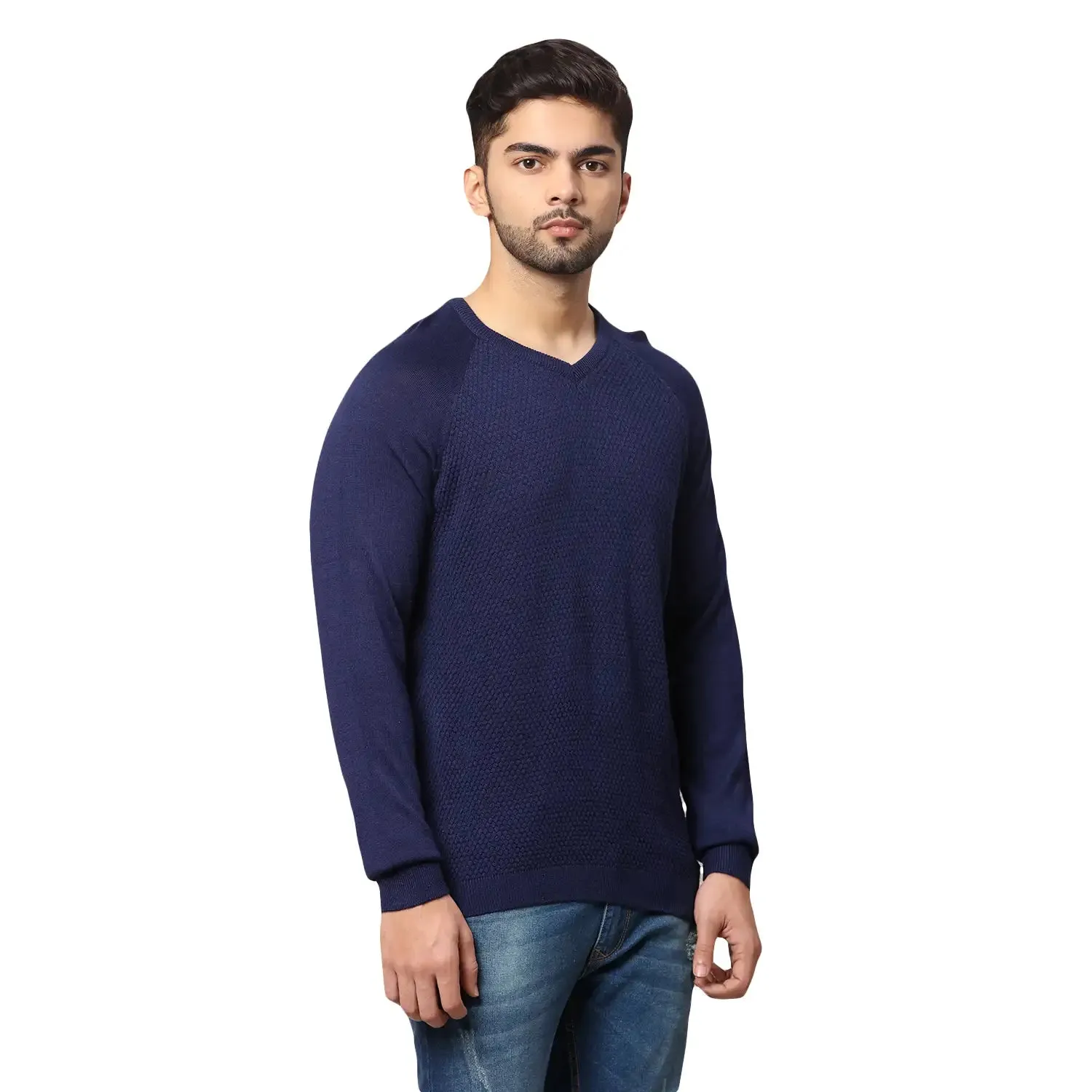 Men Blue Regular Fit Solid Acrylic Blend Full Sleeve V Neck Collar Sweaters