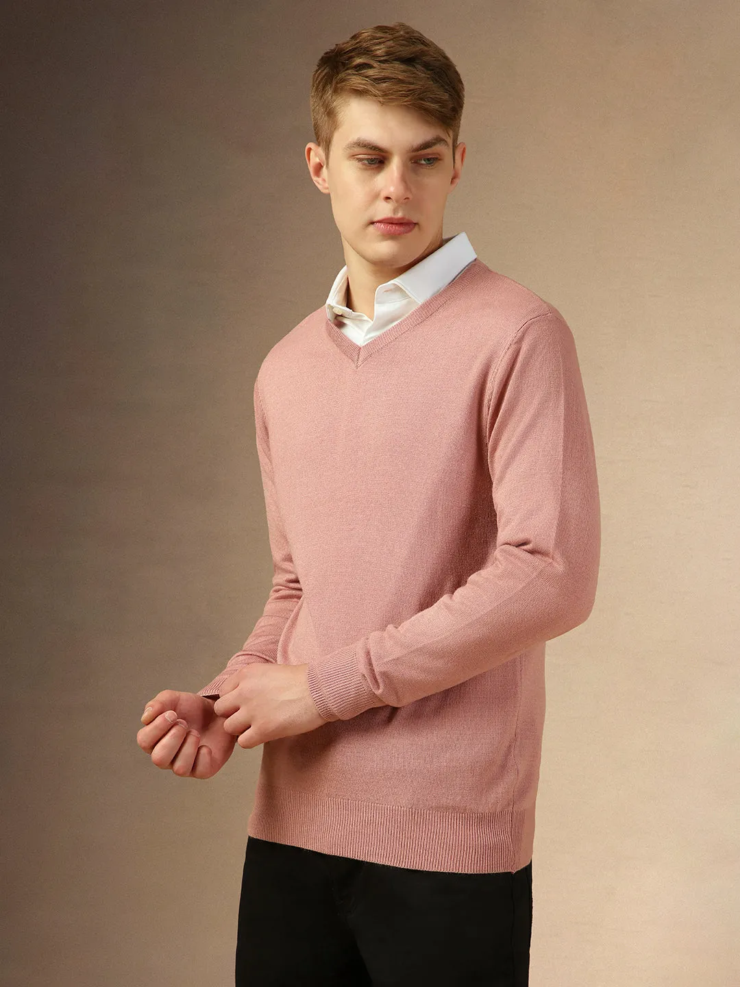 Men's Dusty Pink V-Neck Full Sleeves Slim Fit Pullover Sweater