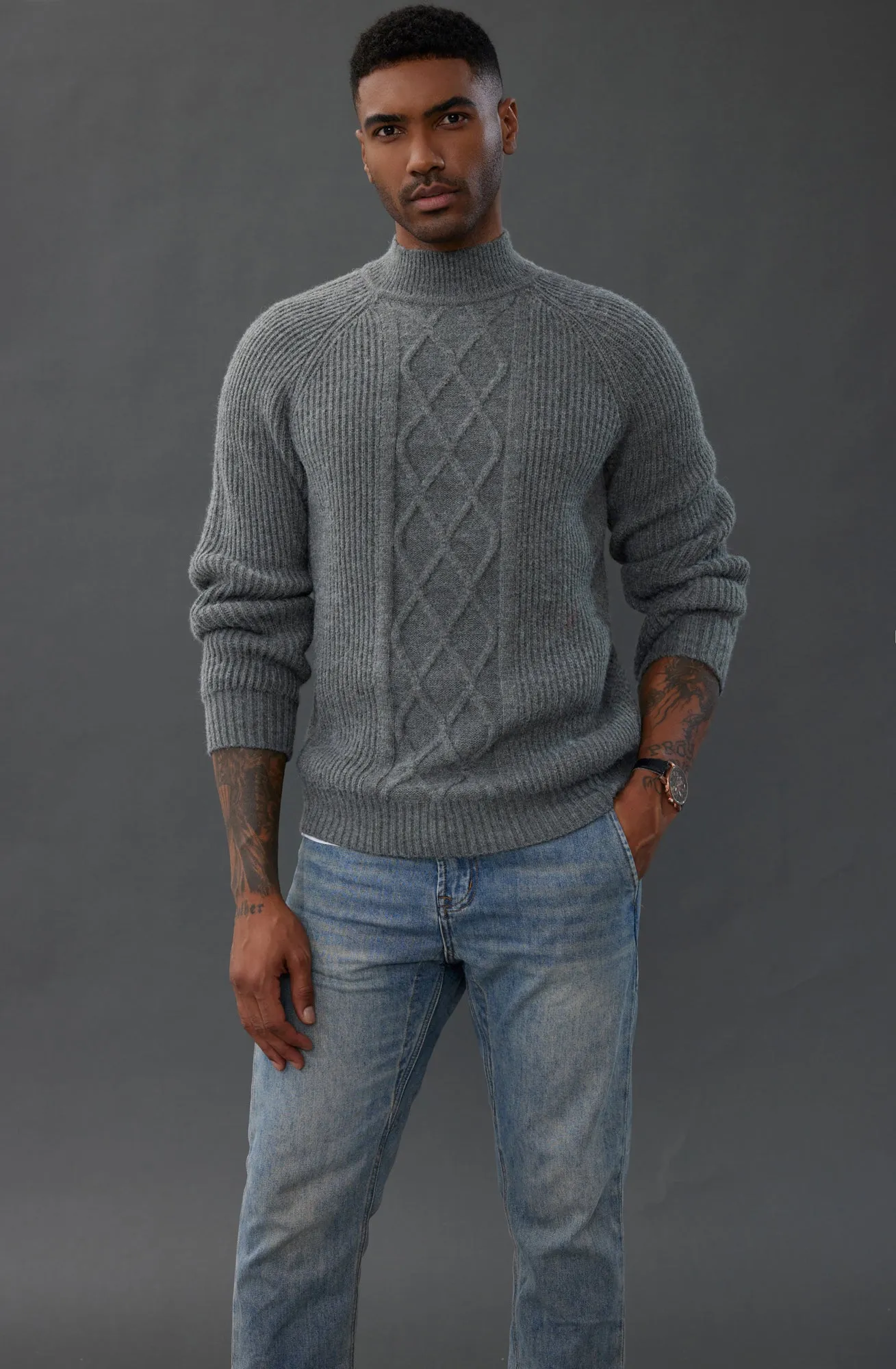 Men's Mock Neck Sweaters Casual Cable Twisted Knitted Pullover Sweaters