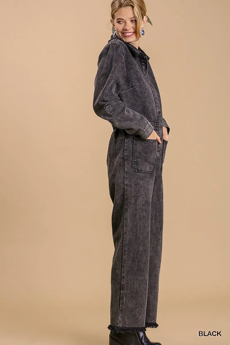 Mid button wide leg  jumpsuit with side pockets