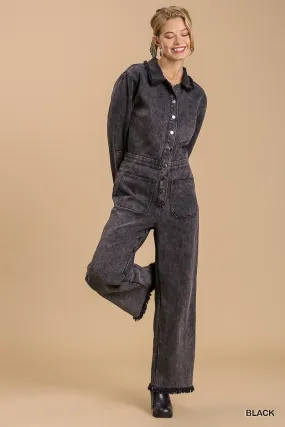 Mid button wide leg  jumpsuit with side pockets