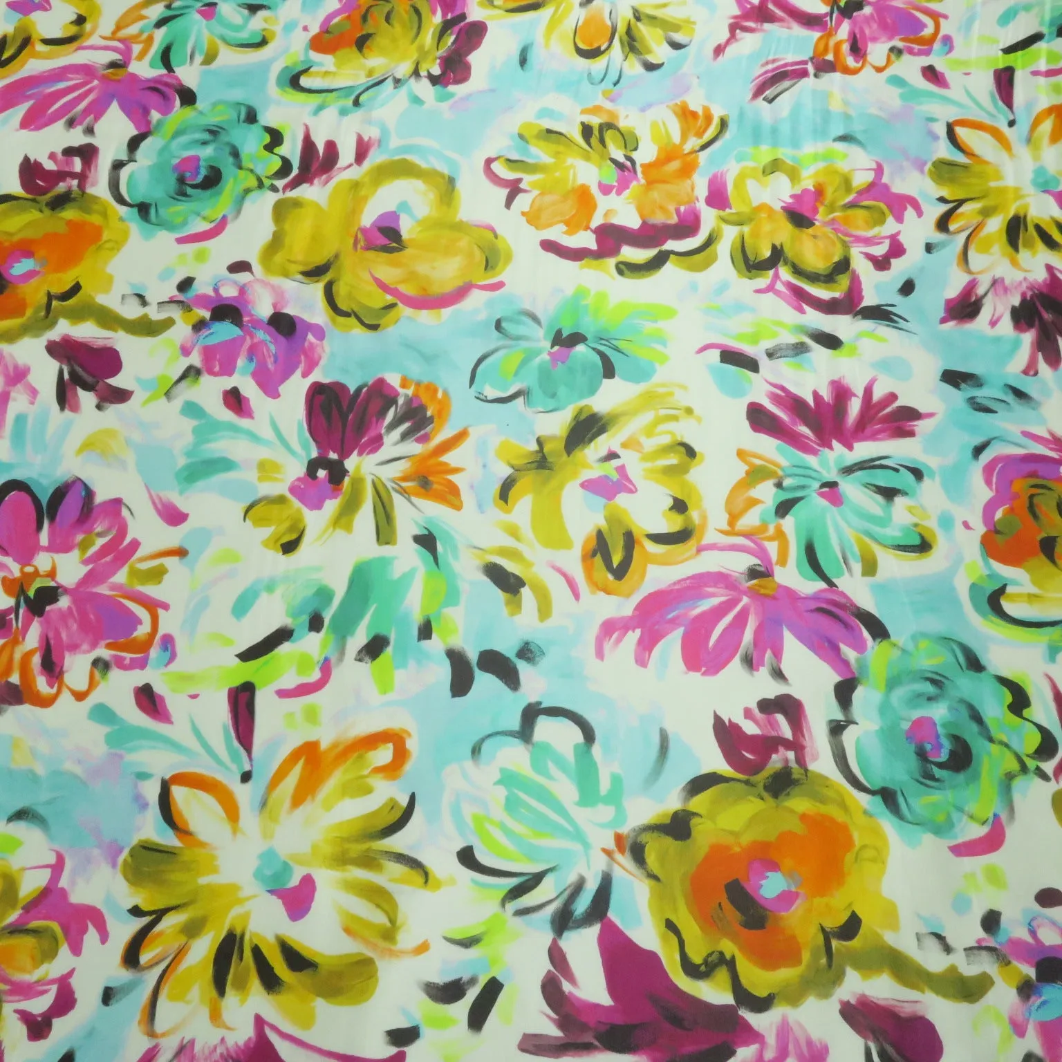 Multicolored Florals on White Background Printed Silk Charmeuse Fabric