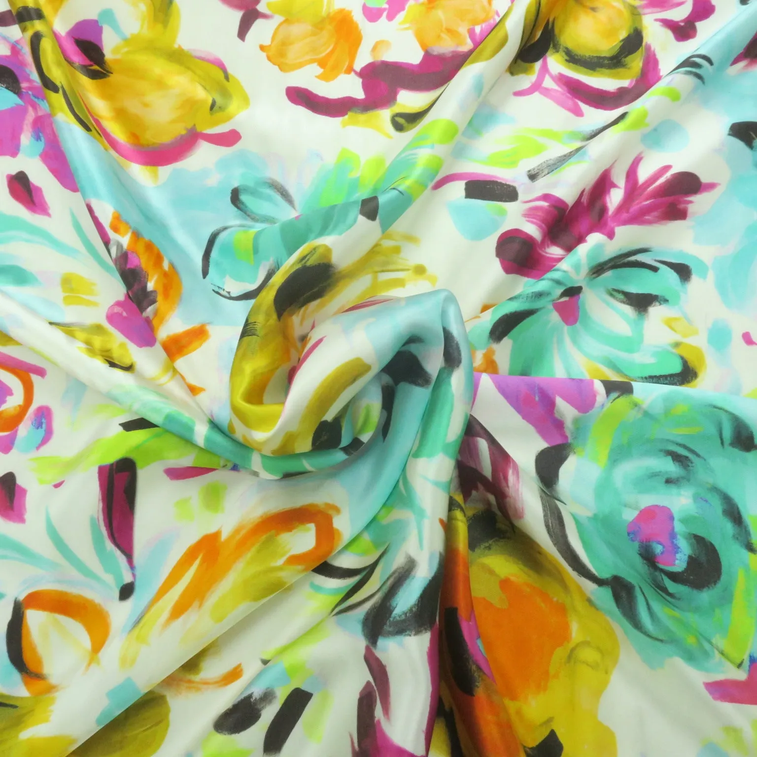 Multicolored Florals on White Background Printed Silk Charmeuse Fabric