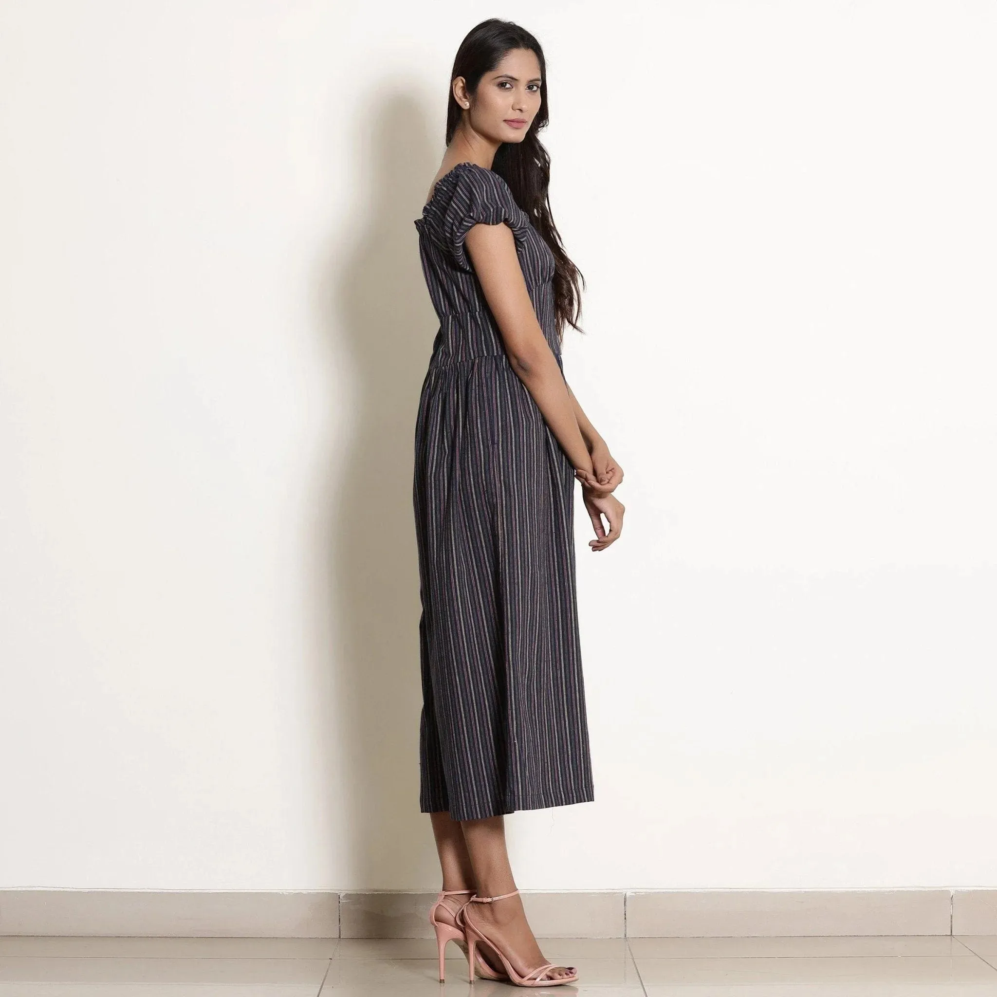 Navy Blue Striped Cotton Sweetheart Neck Midi Jumpsuit