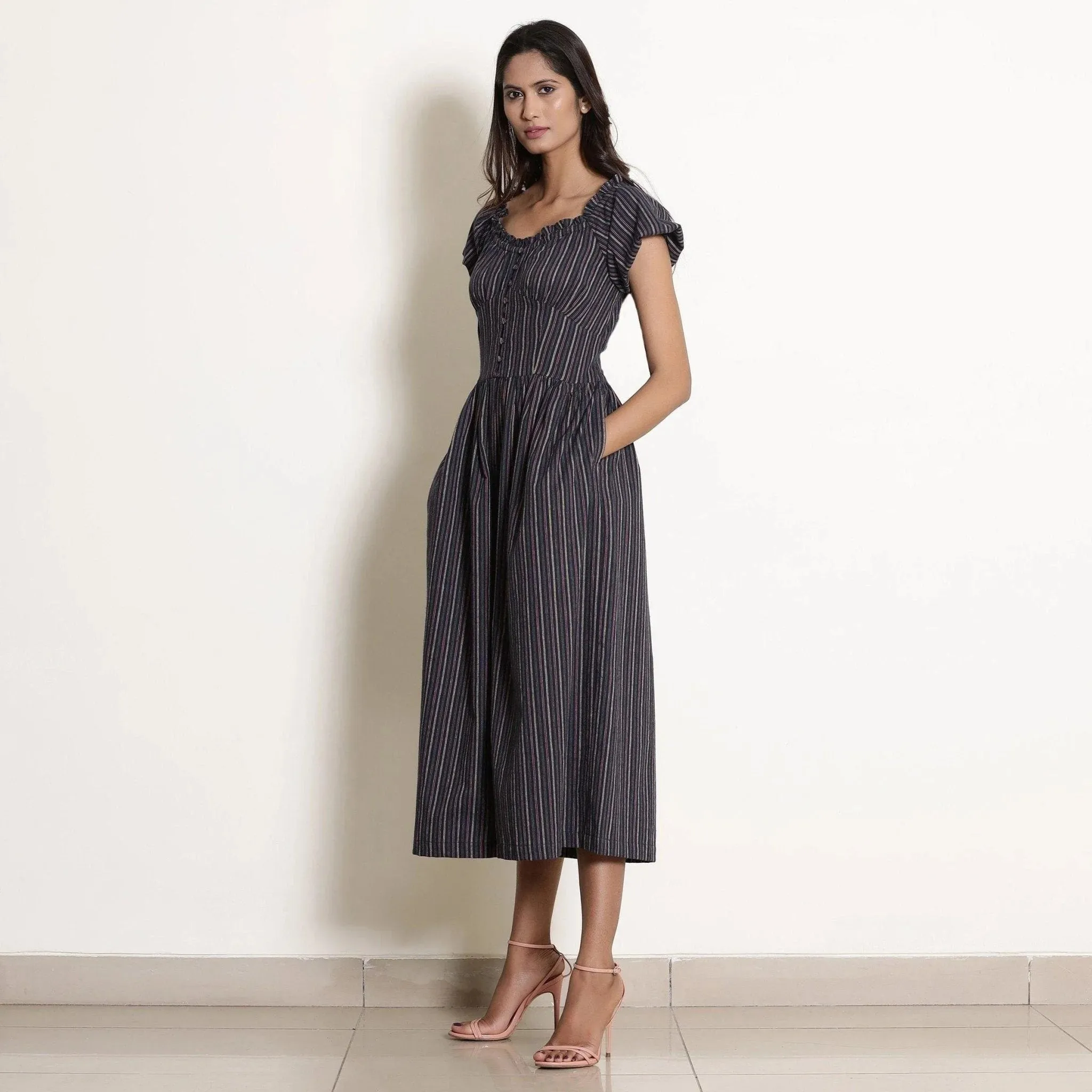 Navy Blue Striped Cotton Sweetheart Neck Midi Jumpsuit