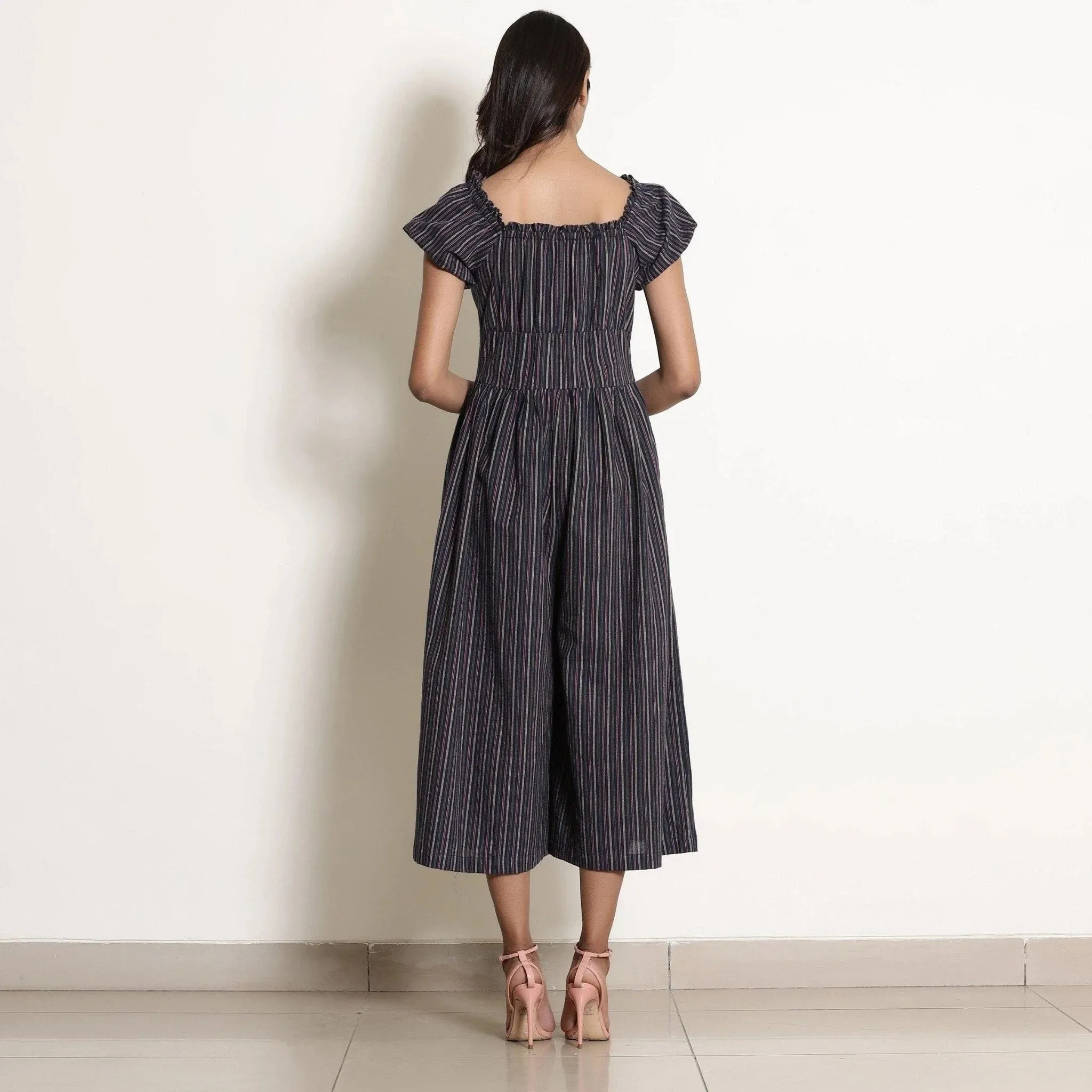 Navy Blue Striped Cotton Sweetheart Neck Midi Jumpsuit