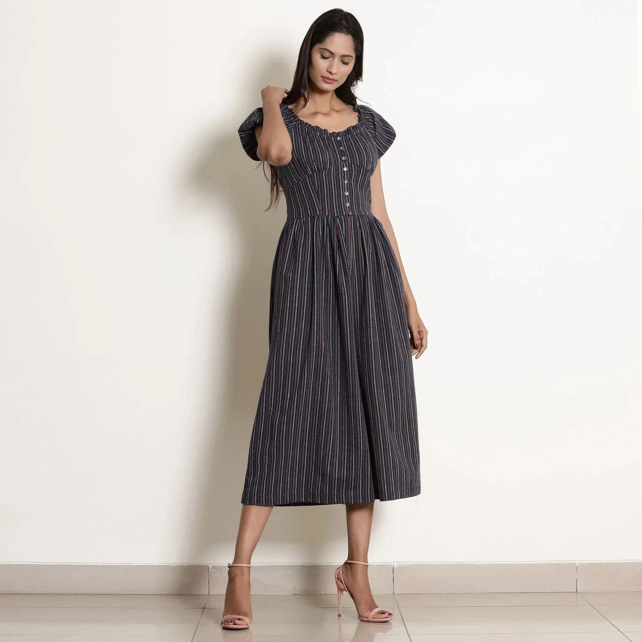 Navy Blue Striped Cotton Sweetheart Neck Midi Jumpsuit