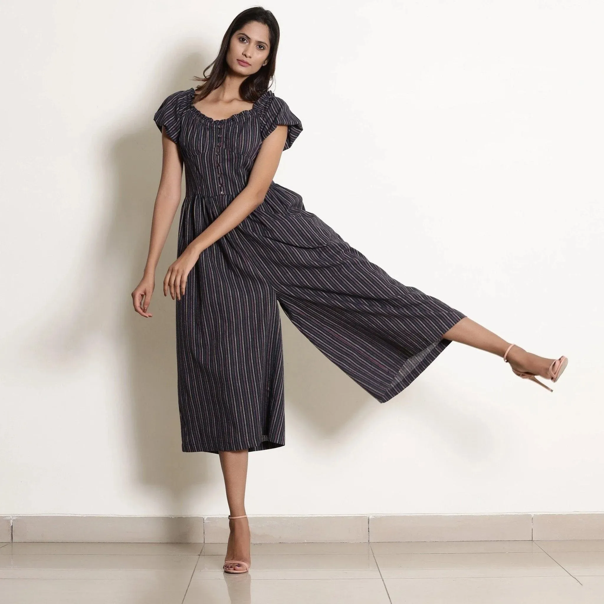 Navy Blue Striped Cotton Sweetheart Neck Midi Jumpsuit