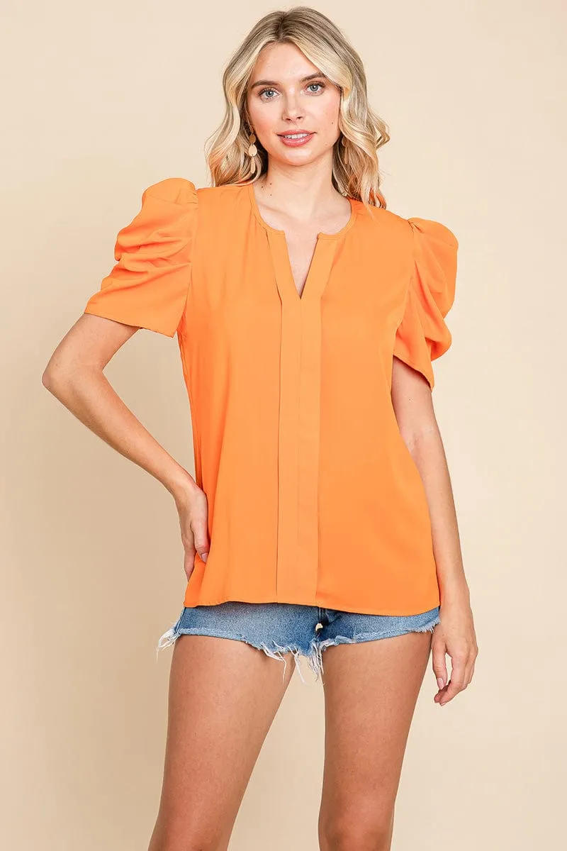 Notched Neck Puff Short Sleeve Seam Front Blouse