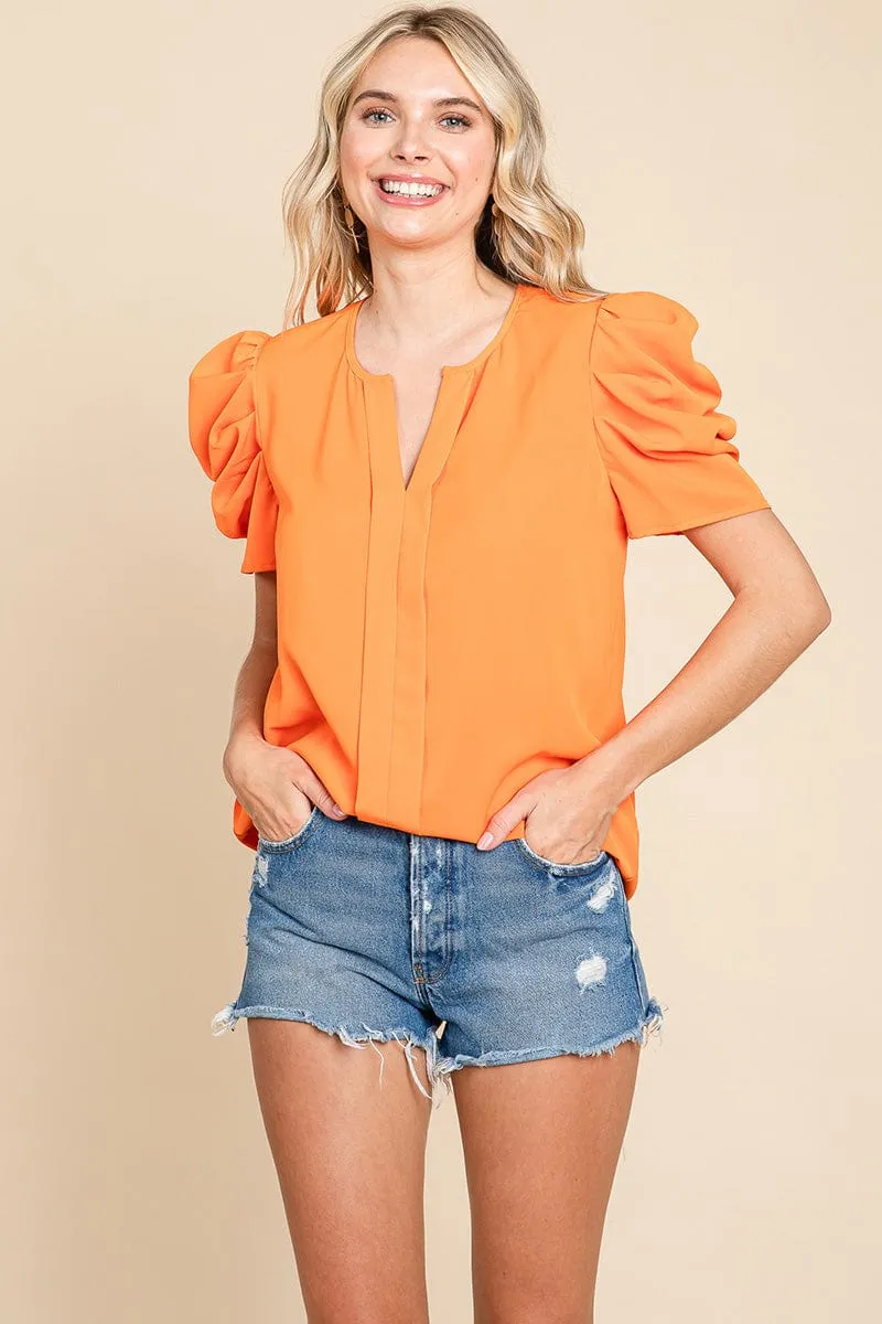 Notched Neck Puff Short Sleeve Seam Front Blouse