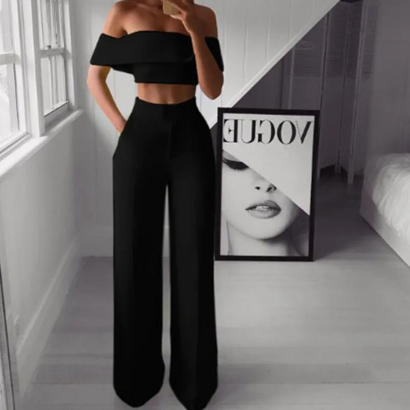 Nukty Two-Piece Set Off Shoulder Crop Casual Jumpsuits Rompers Women High Street Hot Sexy Backless Long Fashion Female Autumn Playsuit