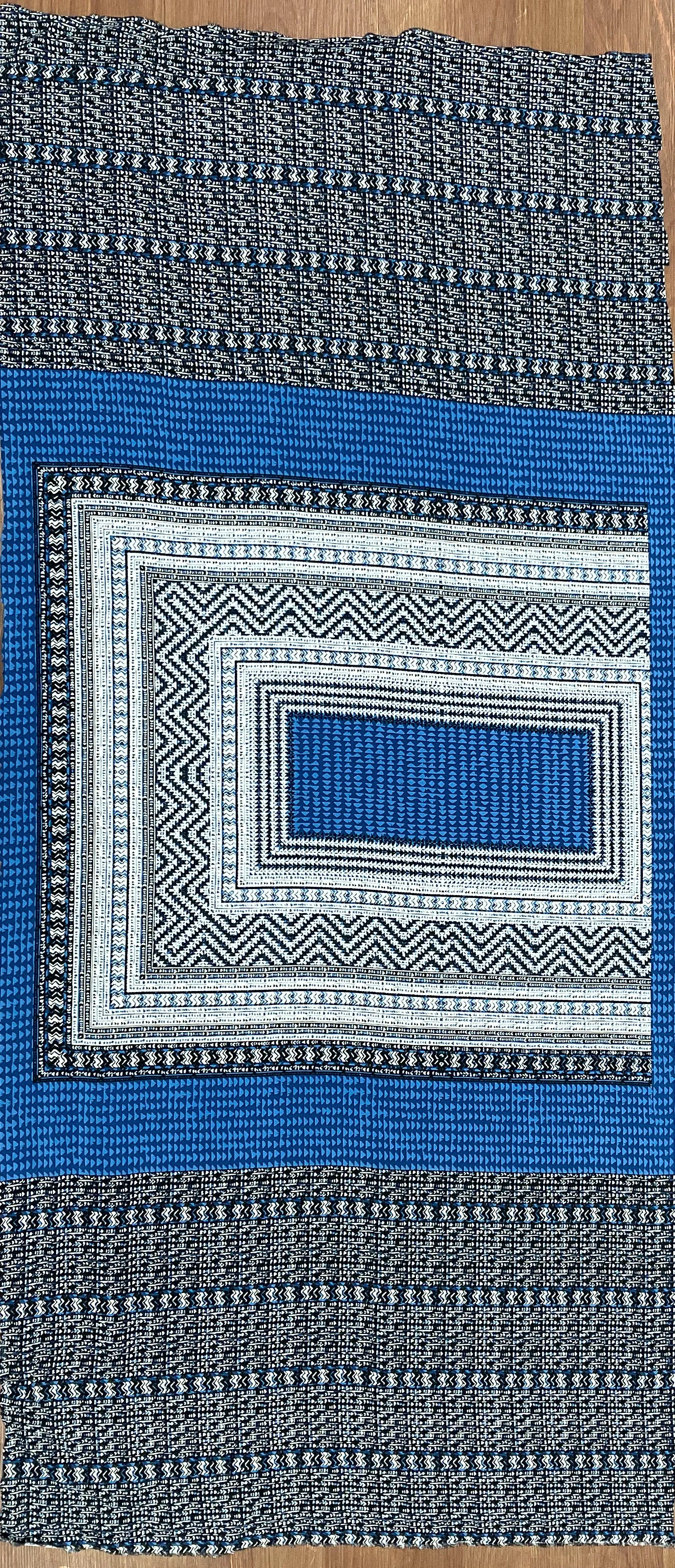 Ocean Blue-White-Multi Aztec Panel Border Printed China Silk Woven Fabric