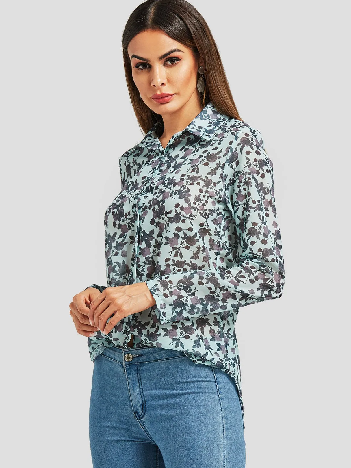 OEM ODM Random Floral Print See-through Long Sleeve Blouses