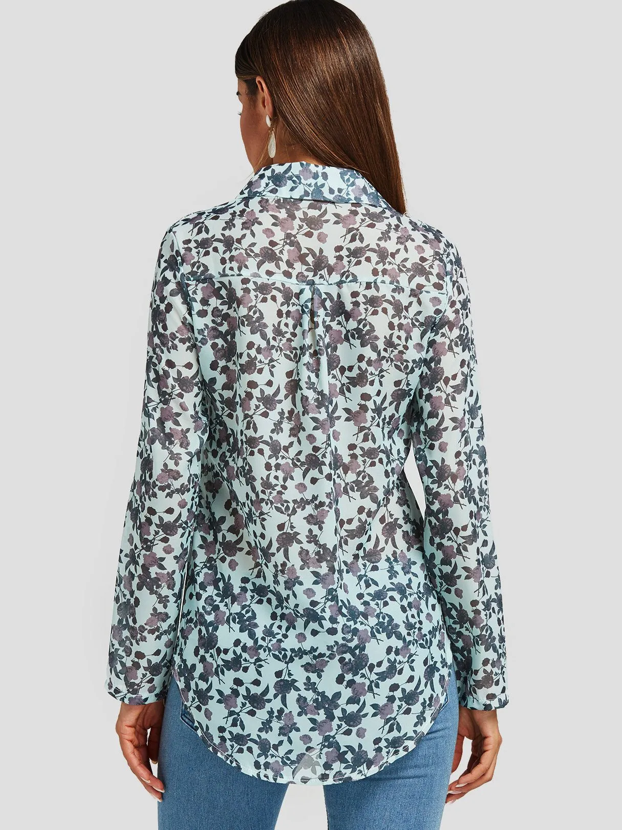 OEM ODM Random Floral Print See-through Long Sleeve Blouses