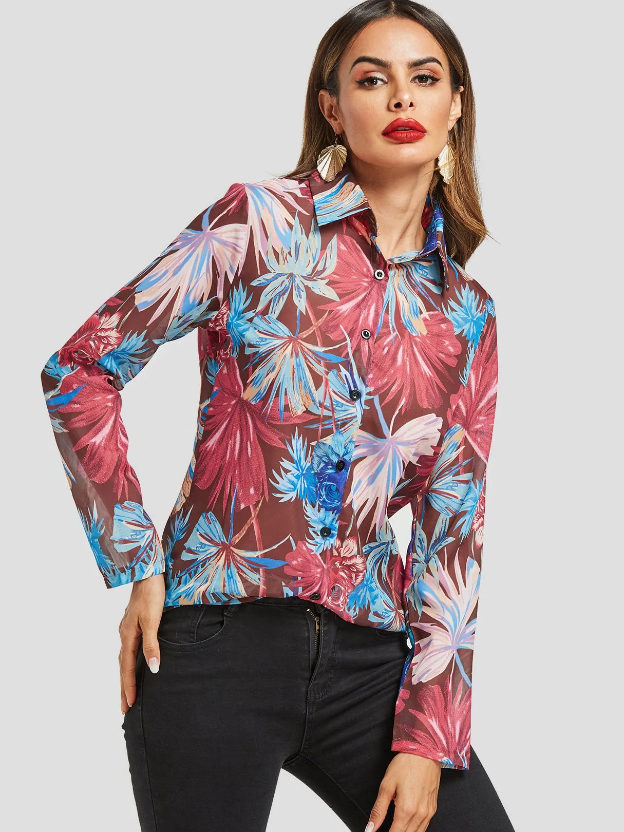 OEM ODM Random Floral Print See-through Long Sleeve Blouses