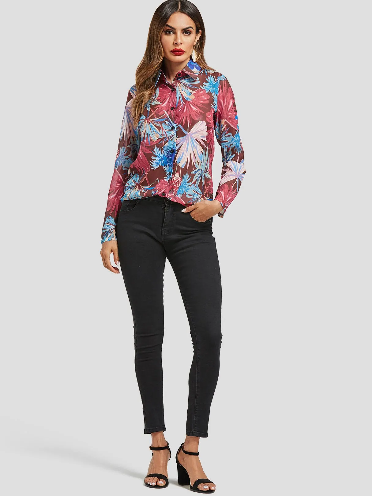 OEM ODM Random Floral Print See-through Long Sleeve Blouses