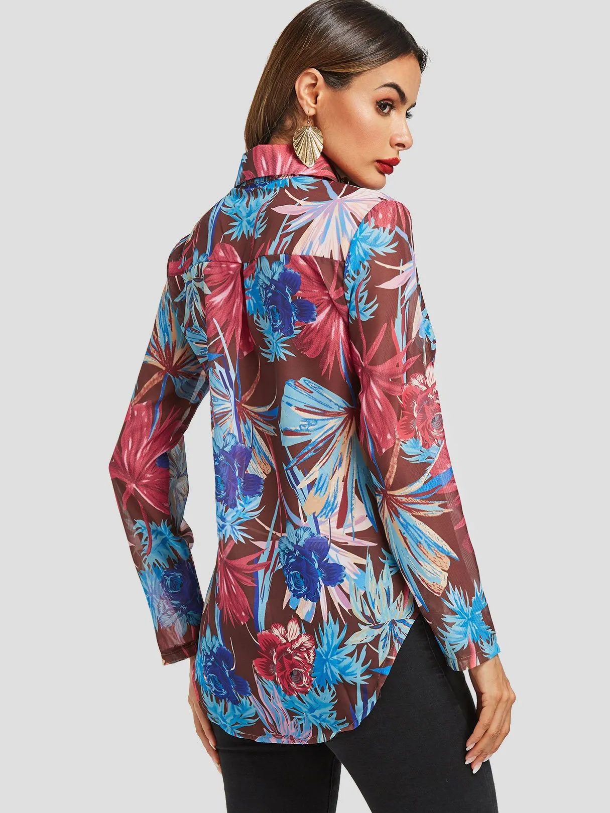 OEM ODM Random Floral Print See-through Long Sleeve Blouses