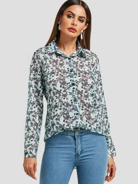 OEM ODM Random Floral Print See-through Long Sleeve Blouses