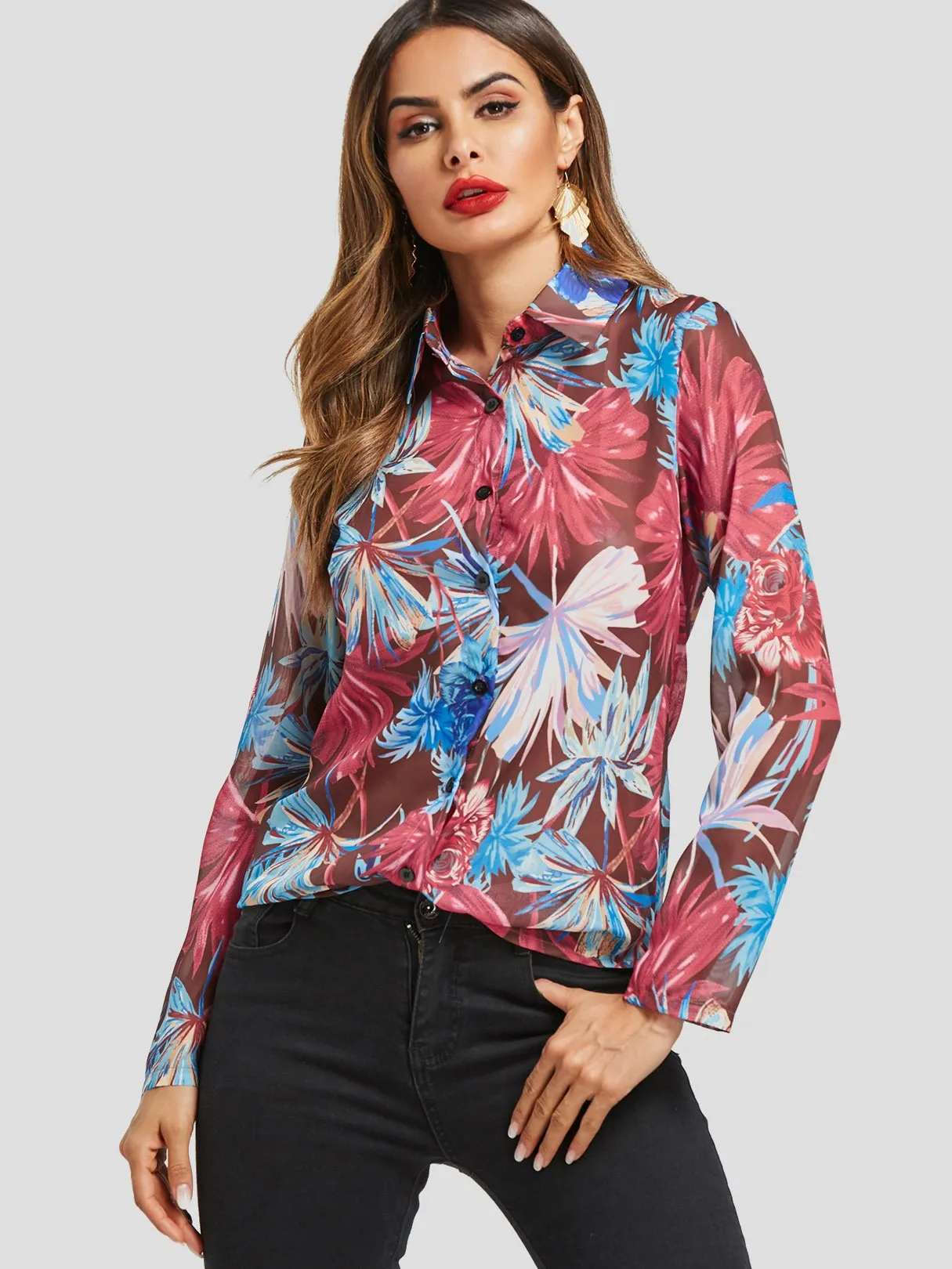 OEM ODM Random Floral Print See-through Long Sleeve Blouses