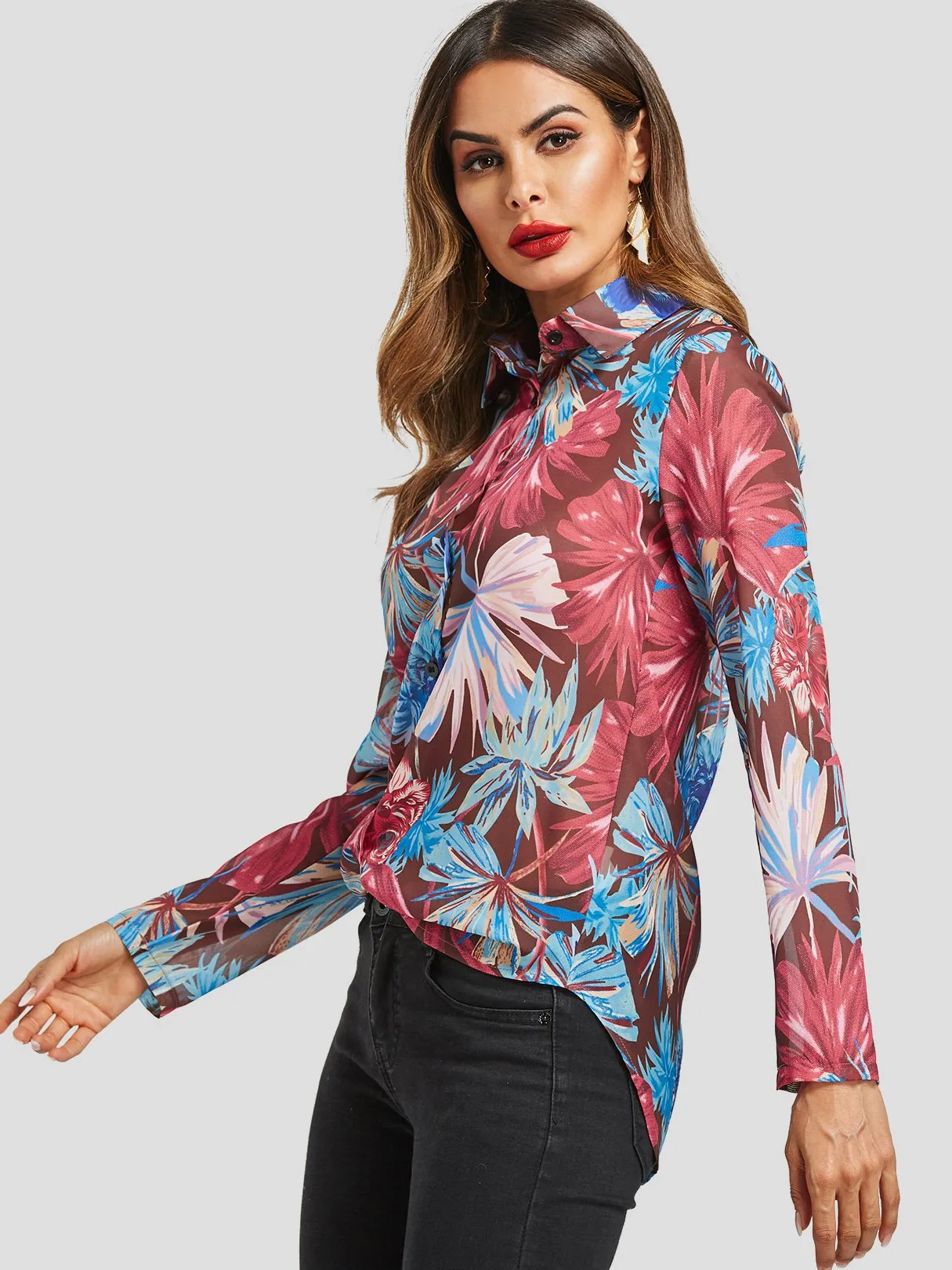 OEM ODM Random Floral Print See-through Long Sleeve Blouses