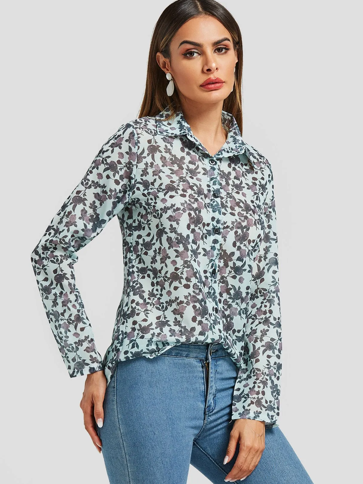 OEM ODM Random Floral Print See-through Long Sleeve Blouses