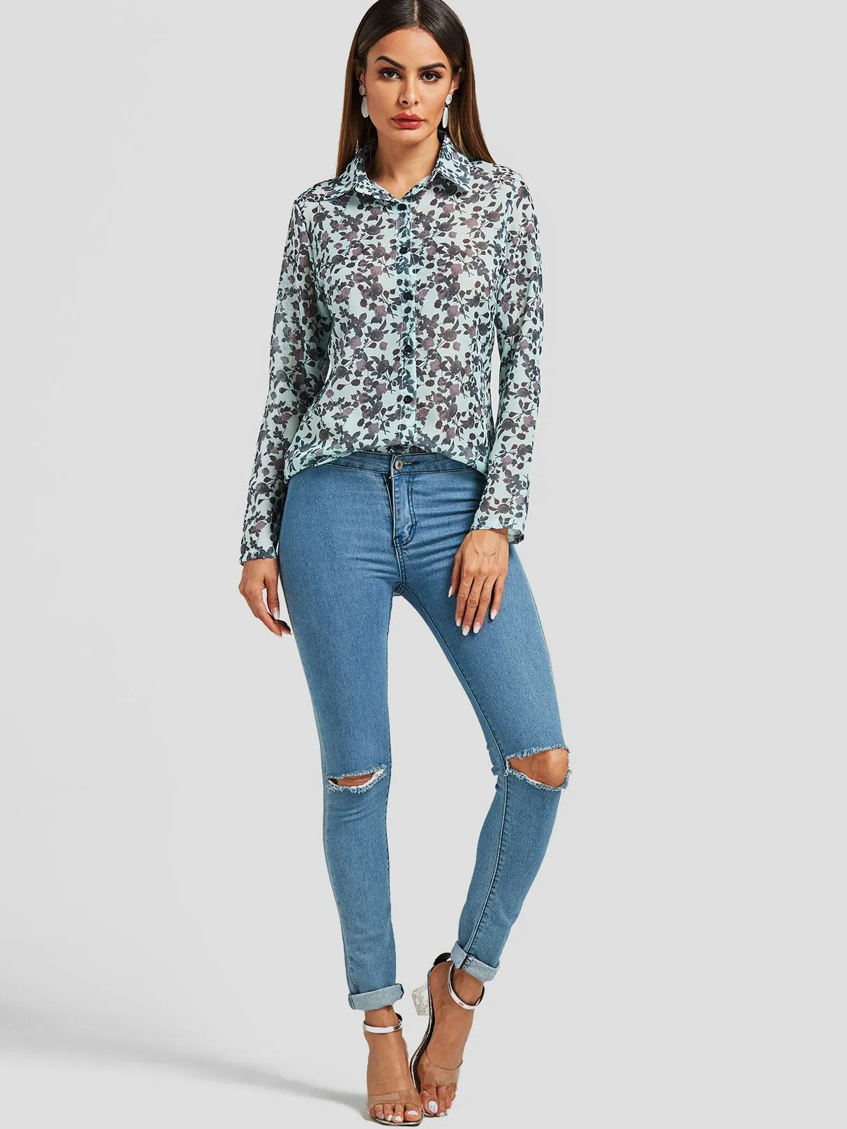 OEM ODM Random Floral Print See-through Long Sleeve Blouses