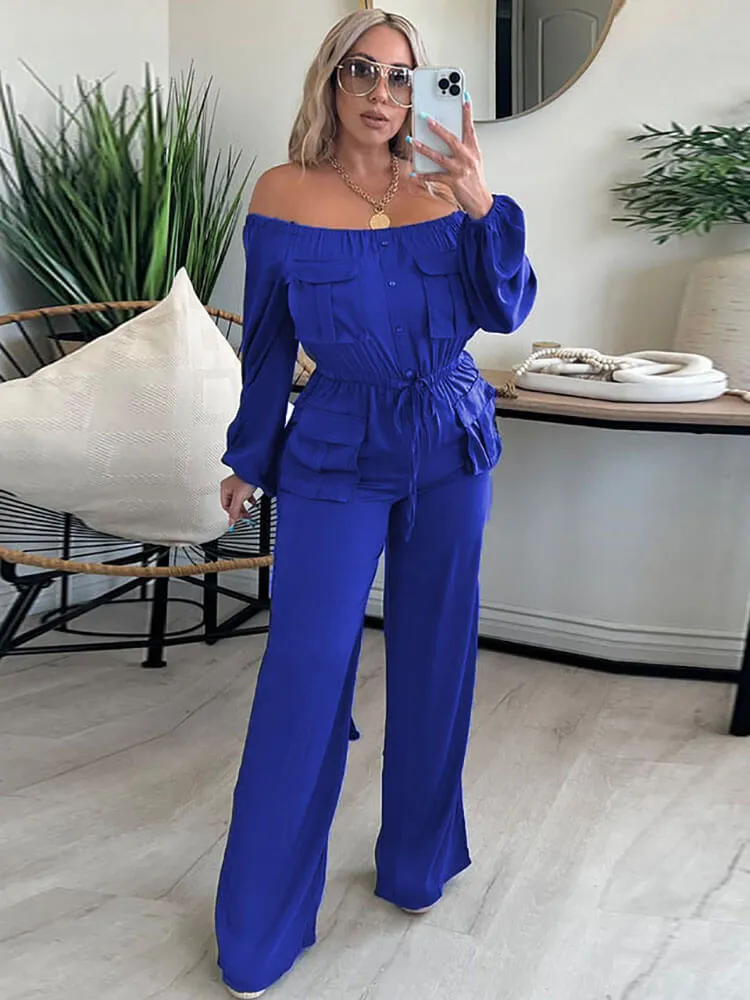 Off Shoulder Long Sleeve Strappy Waisted Jumpsuits