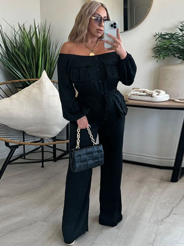 Off Shoulder Long Sleeve Strappy Waisted Jumpsuits