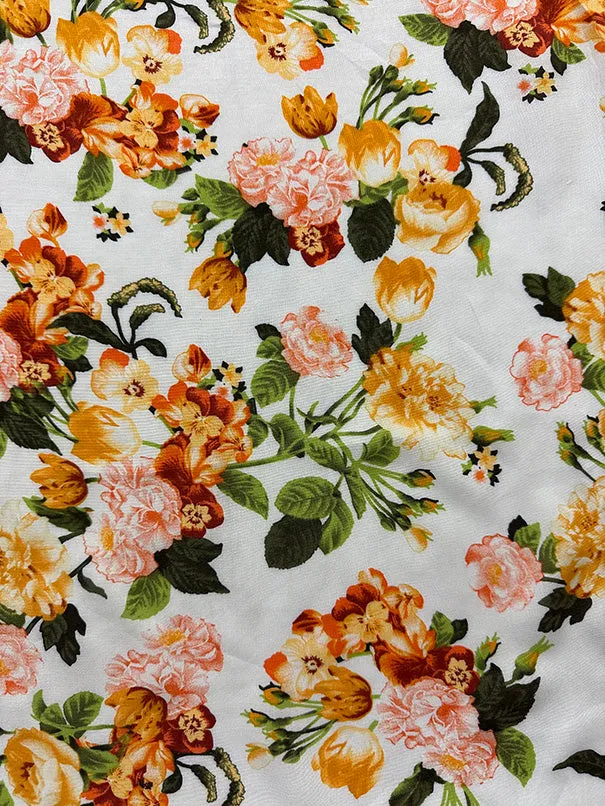 Off White Multi Floral Print Woven Challis Fabric