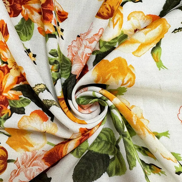 Off White Multi Floral Print Woven Challis Fabric