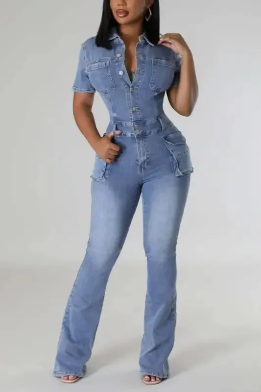 On A Mission Short Sleeve Cargo Denim Jumpsuit