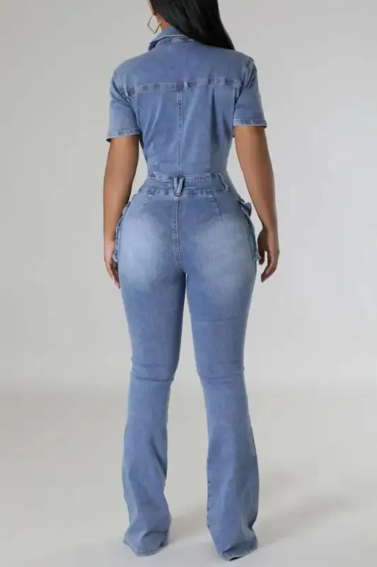 On A Mission Short Sleeve Cargo Denim Jumpsuit