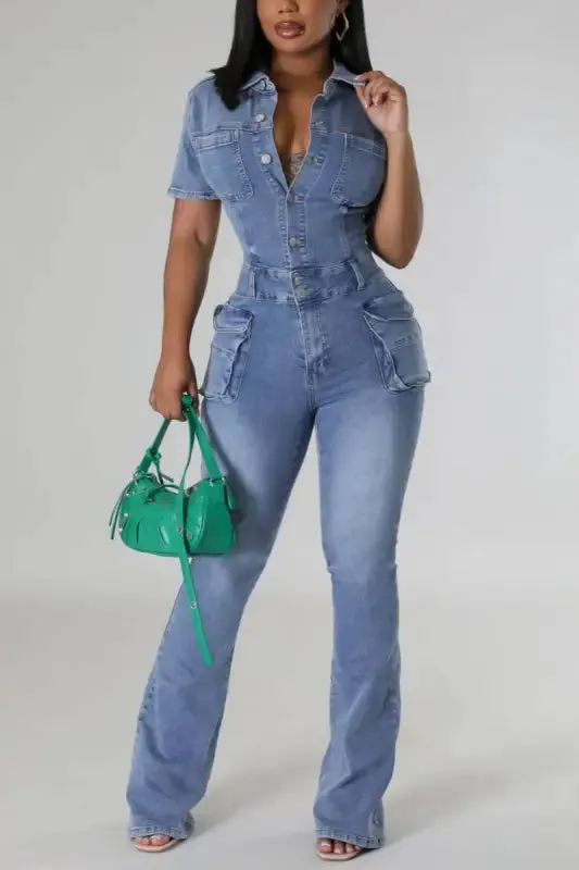 On A Mission Short Sleeve Cargo Denim Jumpsuit