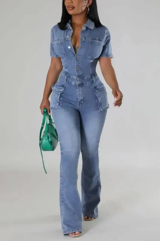 On A Mission Short Sleeve Cargo Denim Jumpsuit