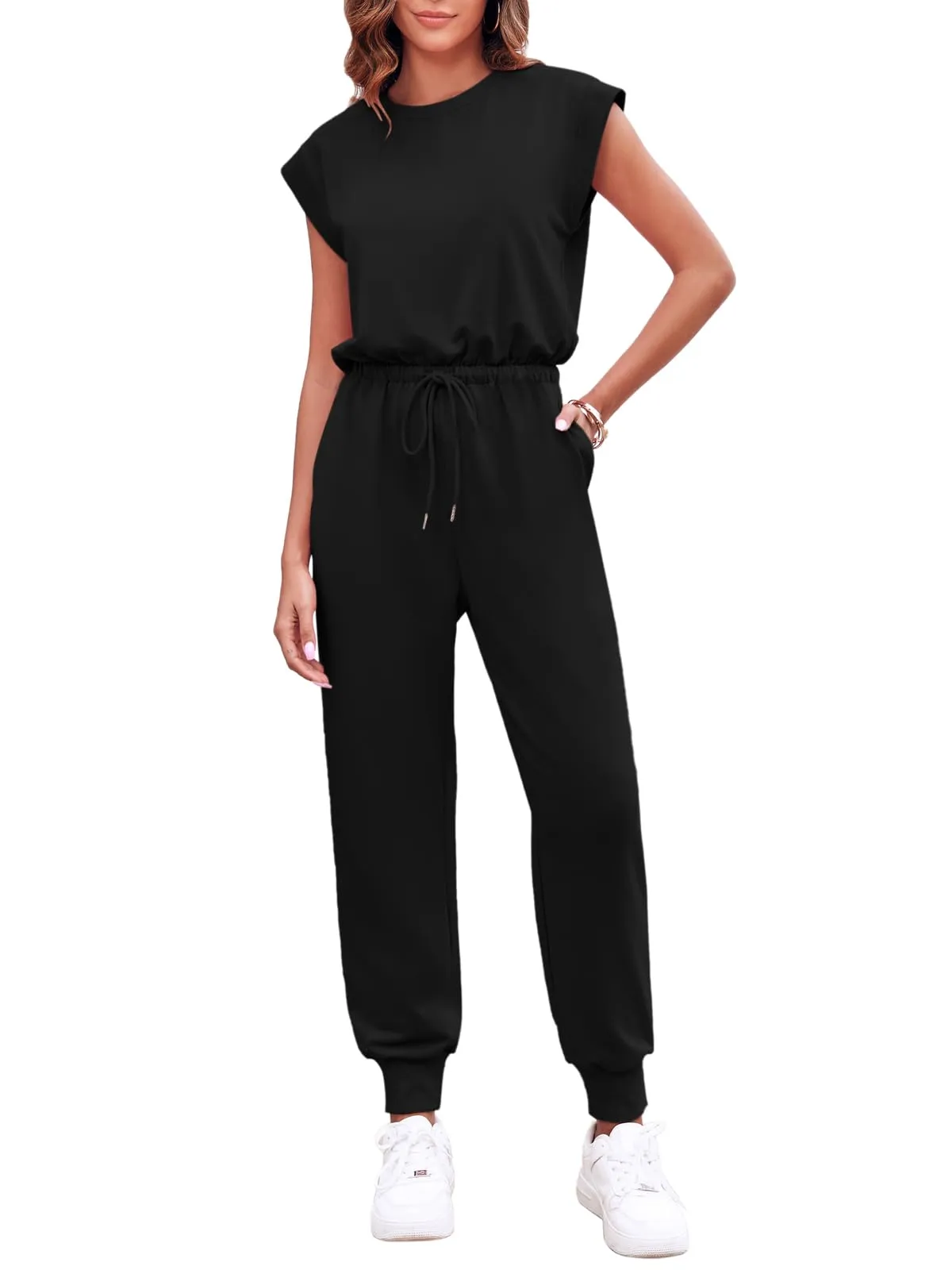 Onedreamer Women's Cap Sleeve Crewneck Open Back Jumpsuits Loose Fit One Piece Tracksuits Sweatsuits with Pocket (Black,S)