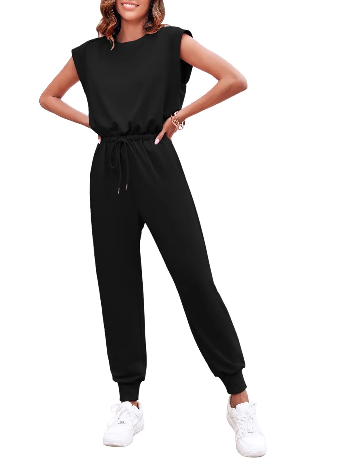 Onedreamer Women's Cap Sleeve Crewneck Open Back Jumpsuits Loose Fit One Piece Tracksuits Sweatsuits with Pocket (Black,S)