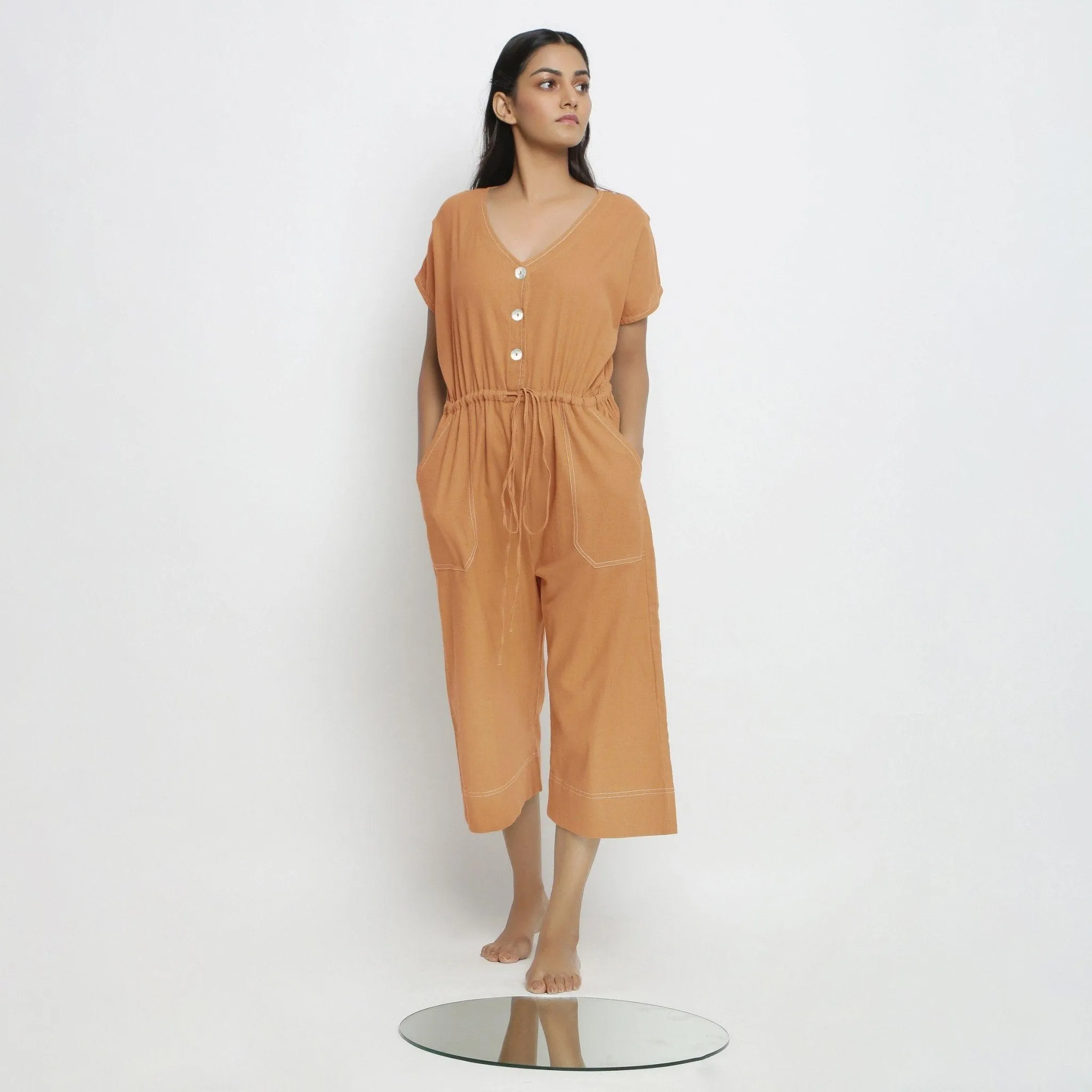 Orange 100% Cotton High-Rise Button Down Jumpsuit