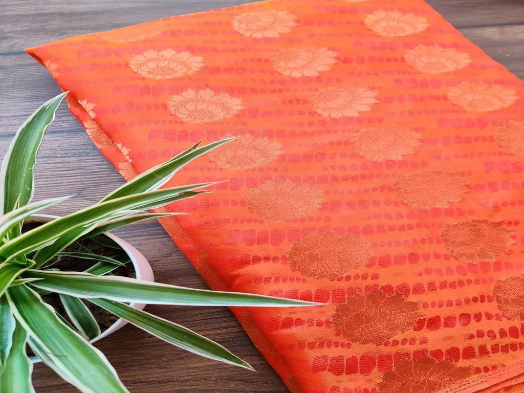 Orange Dual Shade Self Floral Banarasi Silk Fabric