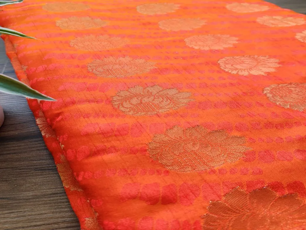 Orange Dual Shade Self Floral Banarasi Silk Fabric