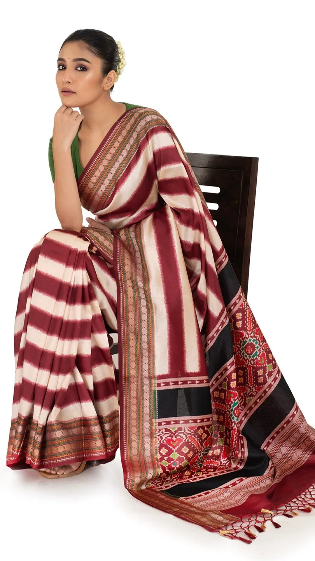 Patola Pallu Saree with Maroon Stripes