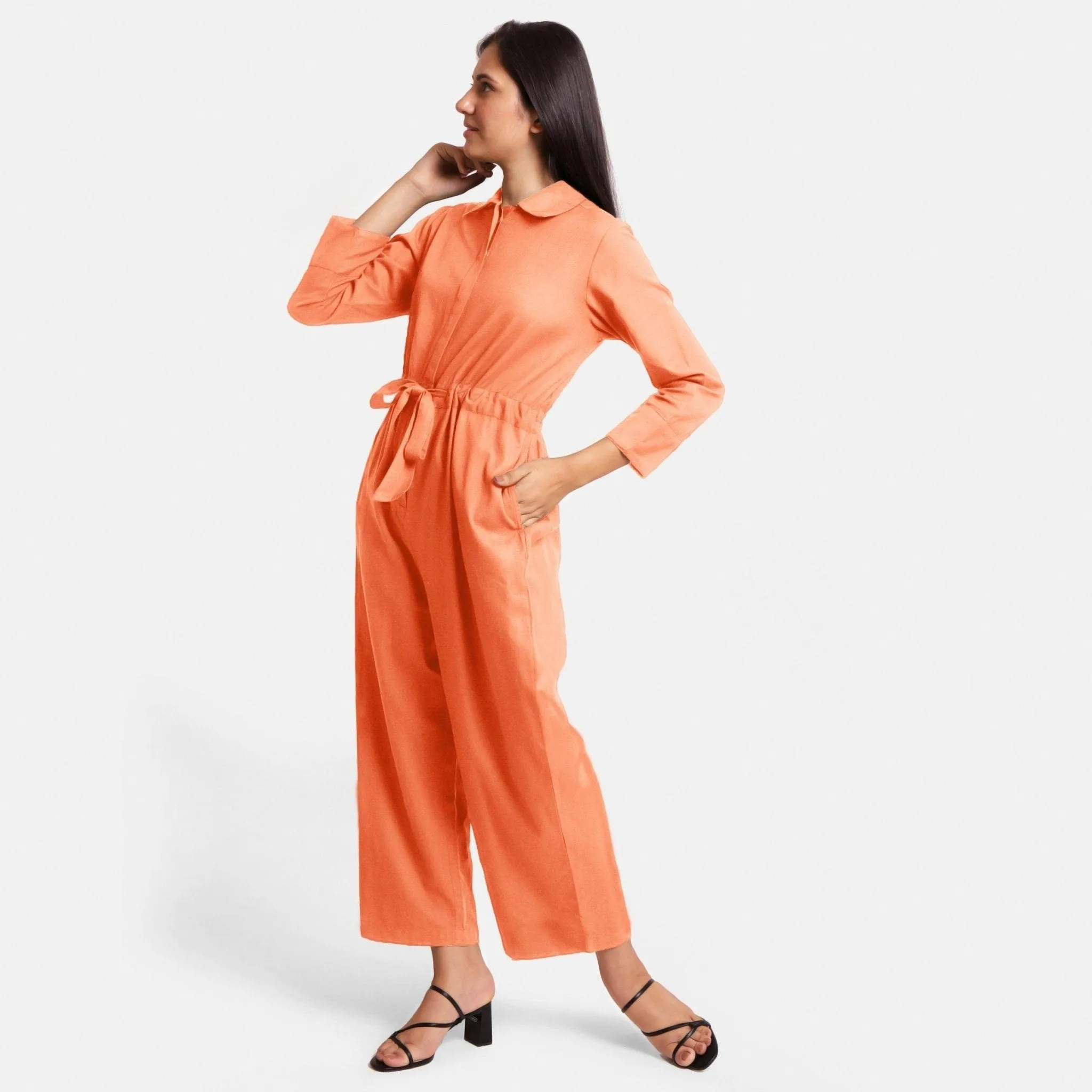 Peach Flat Collar Cotton Flax Elasticated Wide Legged Overall