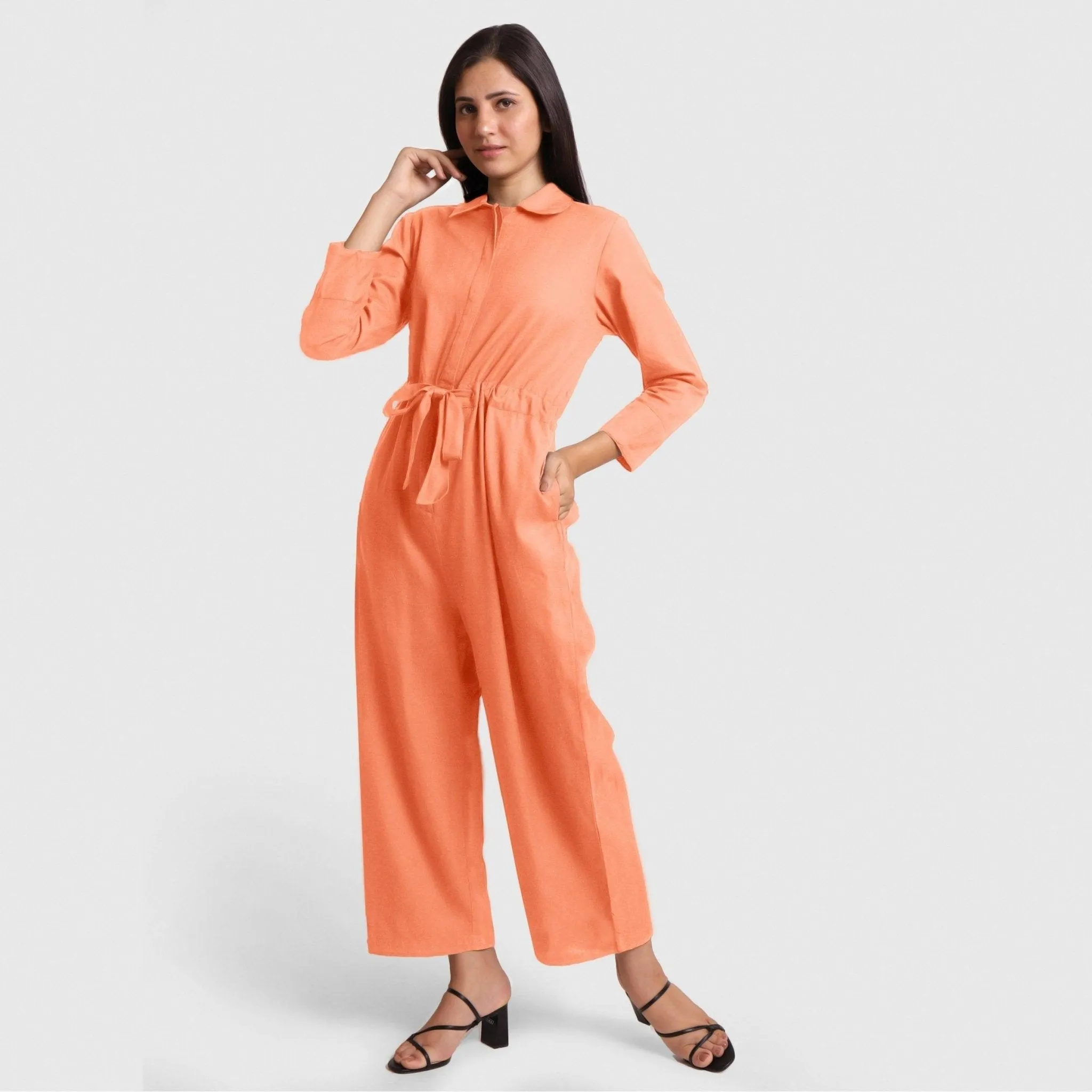 Peach Flat Collar Cotton Flax Elasticated Wide Legged Overall